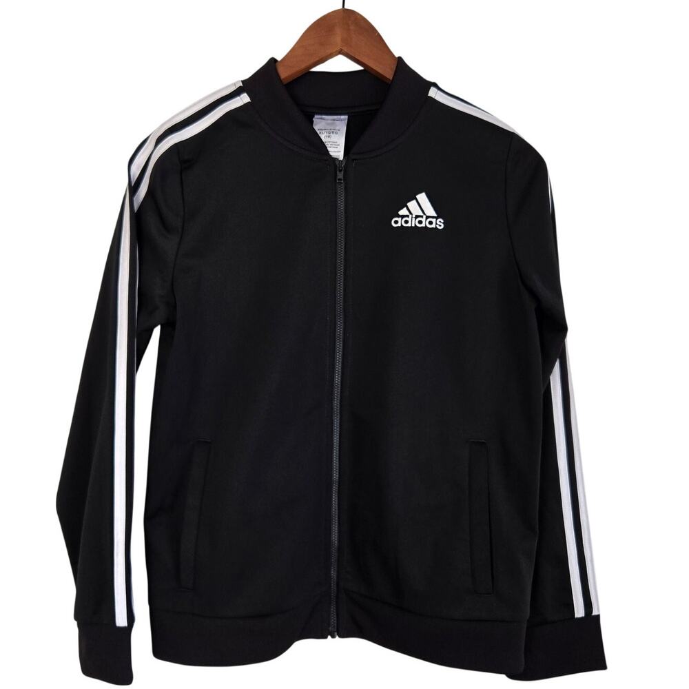 Y2K Retro Athleisure Adidas Classic Black Tricot Track Jacket 3‑Stripe Kids XL